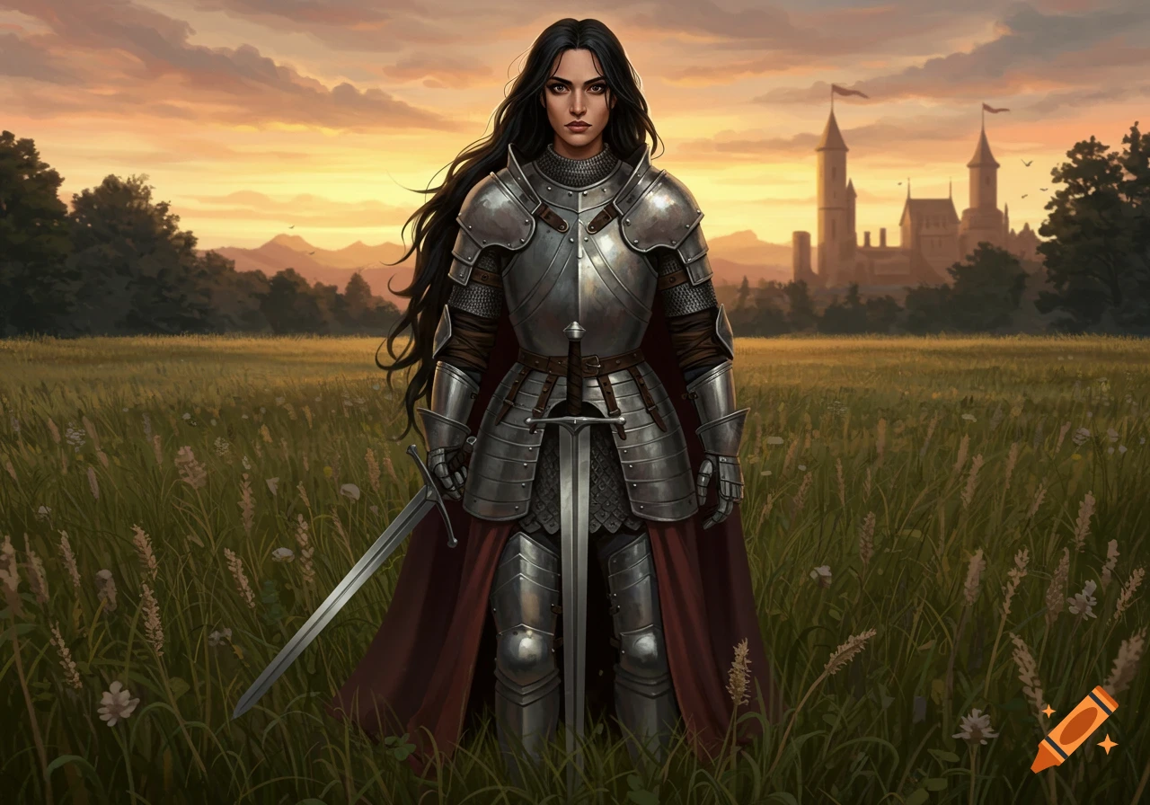 A strong medieval maiden in full armor stands in a grassy field at sunset with a castle in the background, holding a sword.