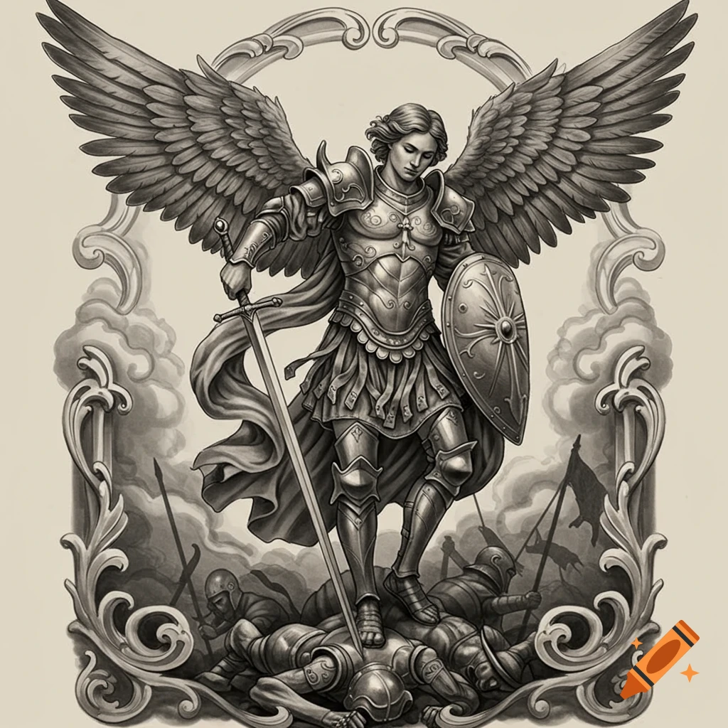 Black and gray tattoo art of Archangel Michael in armor, wings spread, sword drawn, standing on fallen foes within an ornate frame.