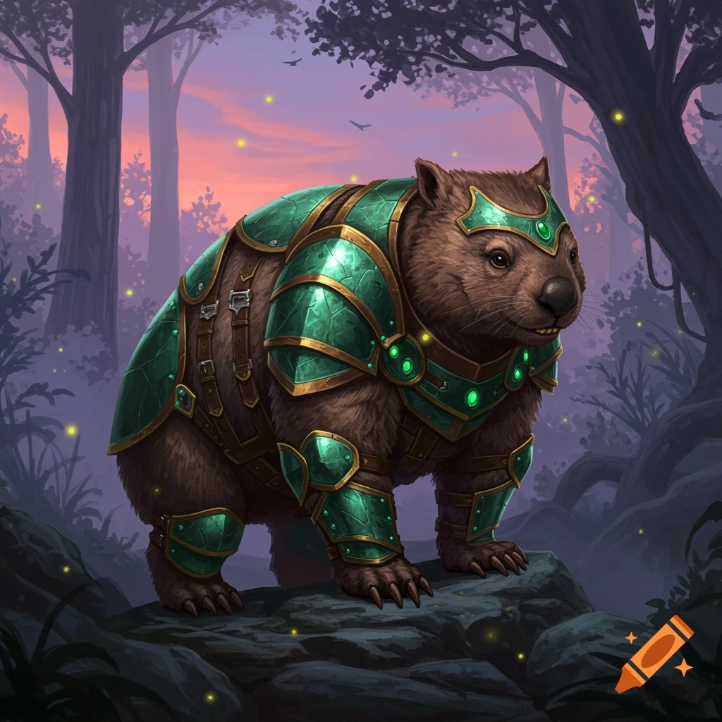 A fantasy illustration of a wombat wearing green and gold armor, standing on a rock in a mystical forest with fireflies.