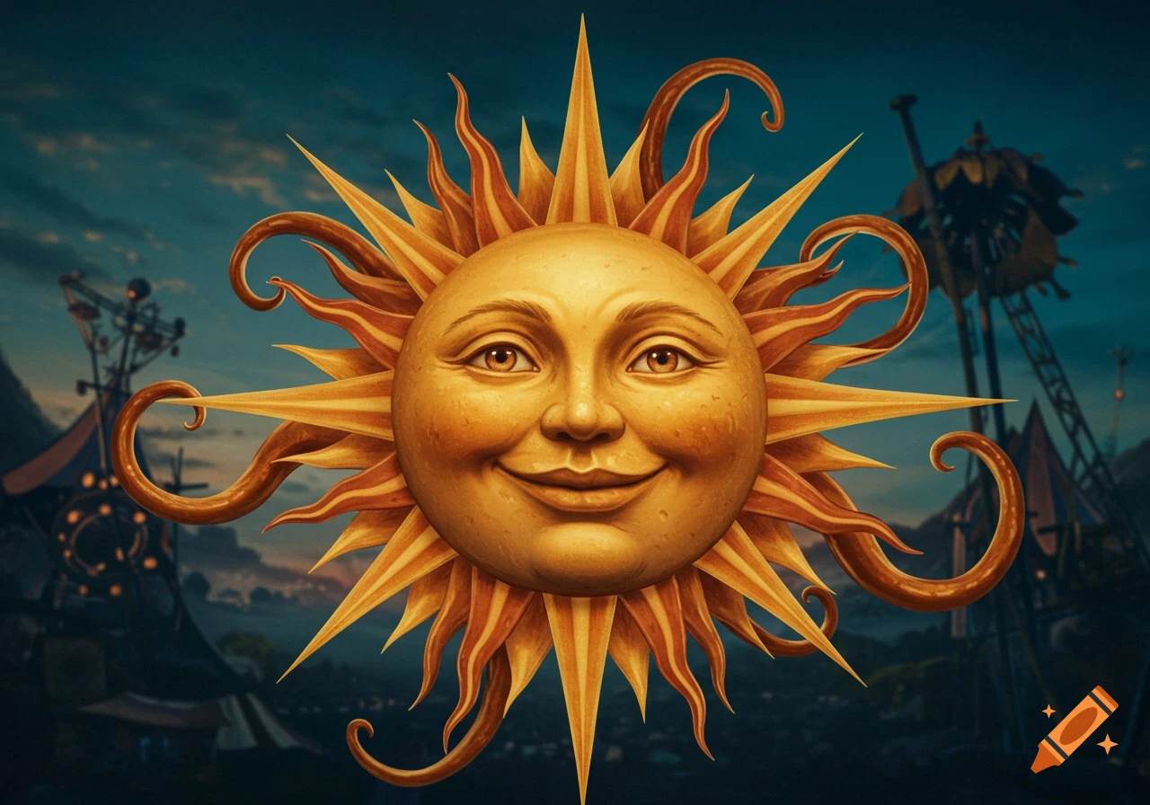 A golden smiling sun face with emanating rays, in a stylized, painted art style, set against a blurred circus background.