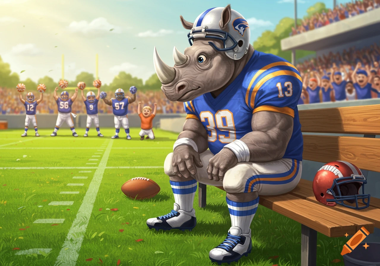 Cartoon rhino football player sitting on a bench on a sunny football field with other players in the background.