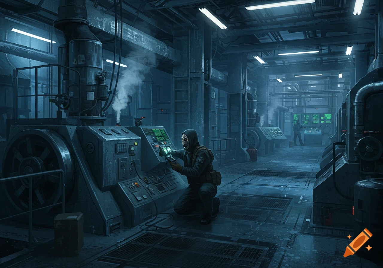 A masked figure in a dark industrial facility operates a control panel with glowing green screens, surrounded by pipes and machinery, with smoke in the air.