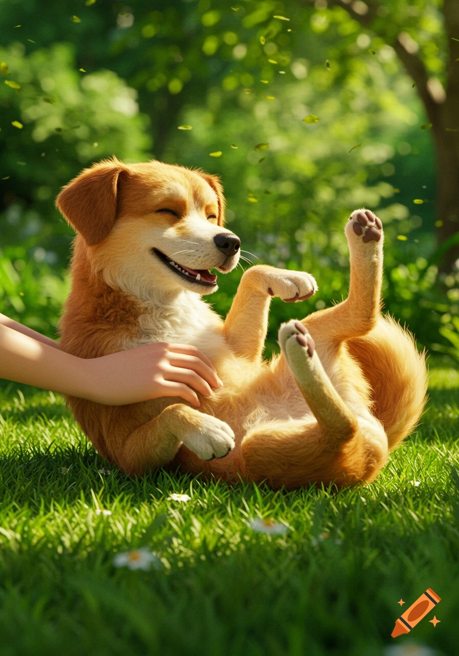 An animated golden-brown dog lies on its back in green grass, happily receiving a belly rub from a human hand.