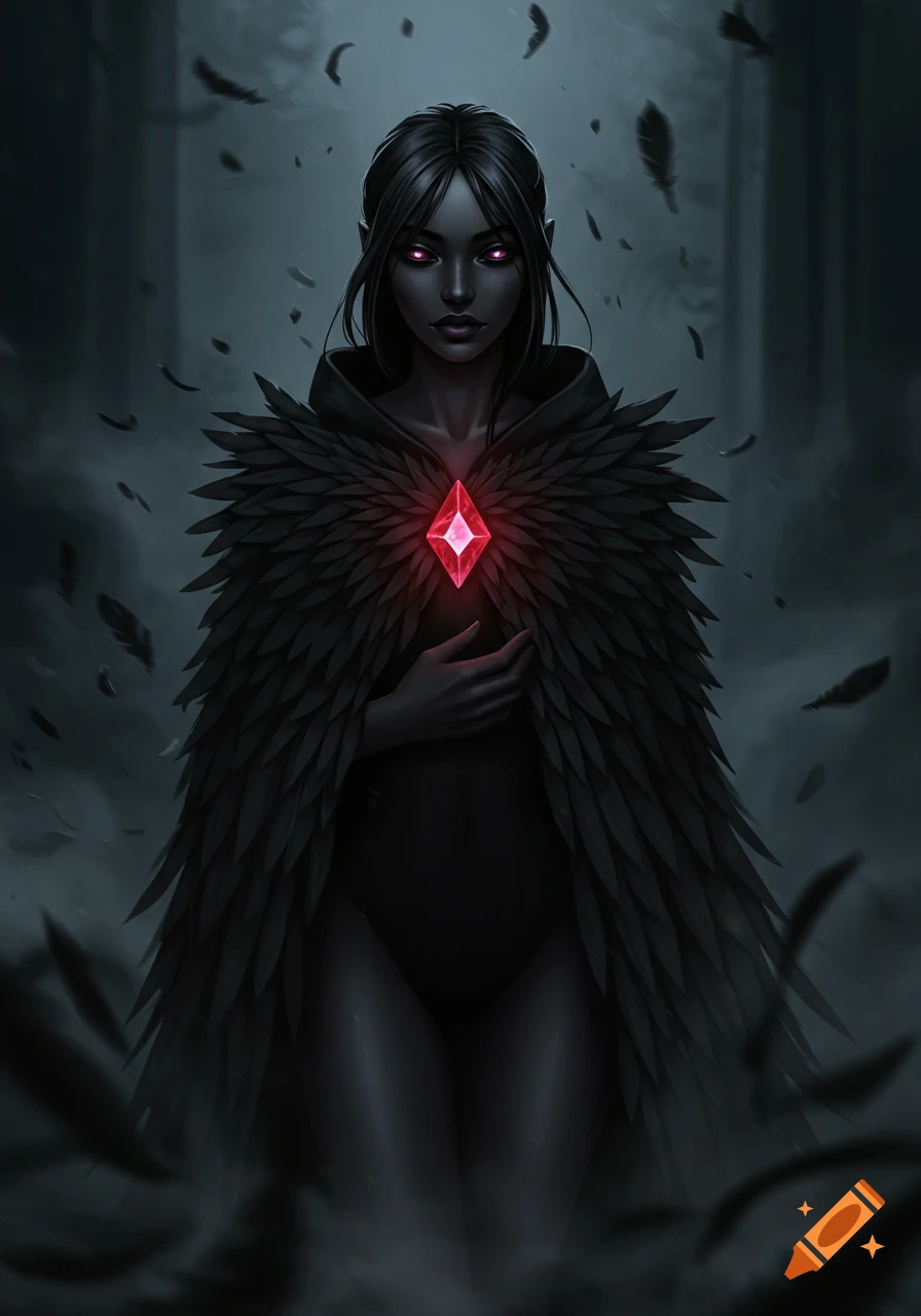 A dark-skinned woman with glowing purple eyes wears a black feather cloak and a glowing red gem. Dark, ominous atmosphere with falling feathers.