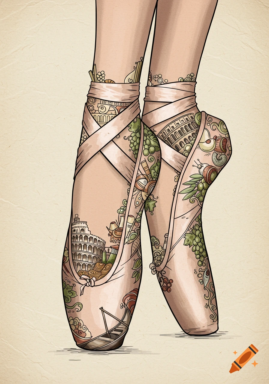 Illustration of ballet pointe shoes adorned with intricate Italian-themed doodles including the Colosseum and a gondola.