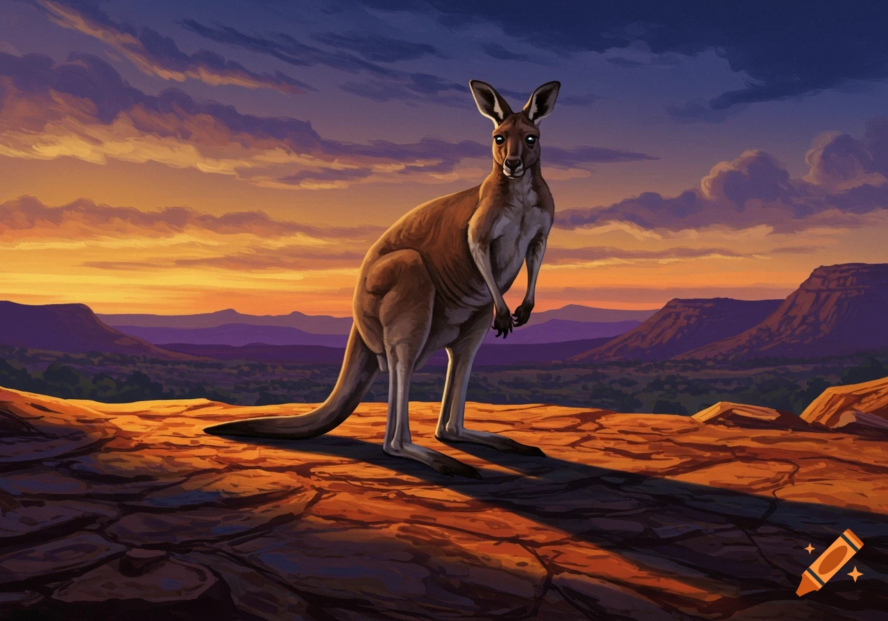 A kangaroo stands on a rocky plain with mountains in the background under a dramatic sunset sky in a painterly style.