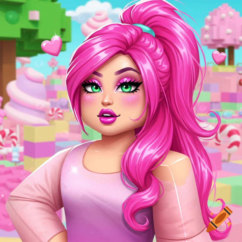 A vibrant digital art portrait of a Roblox-style girl with bright pink hair, green eyes, and pink makeup, set against a colorful candy land background.