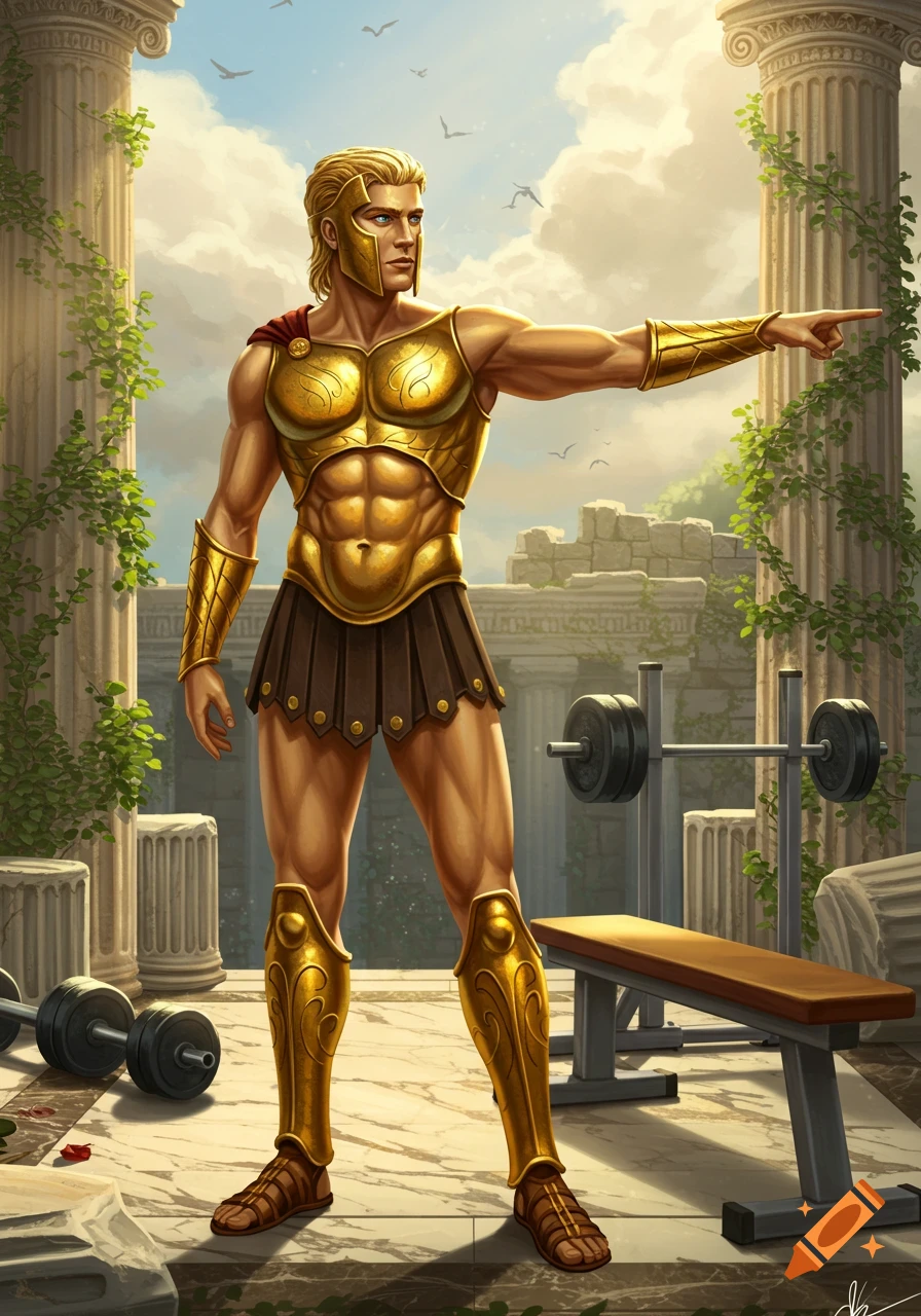 Muscular Achilles in golden armor and helmet points to a workout bench amidst ancient Greek ruins, in an illustrated style.