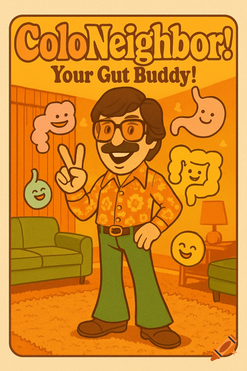Campy 1970s cartoon poster: a man in a floral shirt, peace sign, smiling organs, and text 'ColoNeighbor! Your Gut Buddy!'
