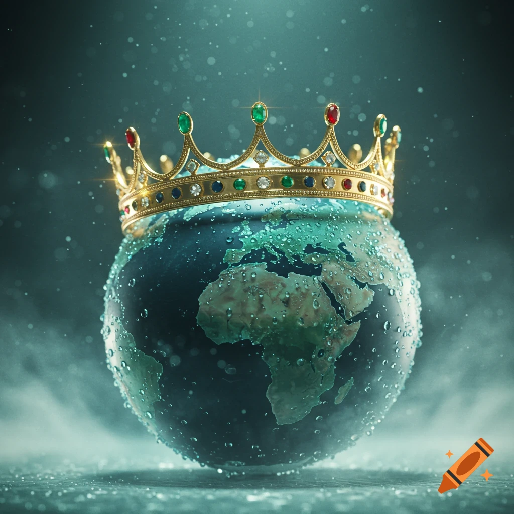 A highly detailed, photorealistic image of a wet globe wearing a golden crown adorned with colorful jewels.