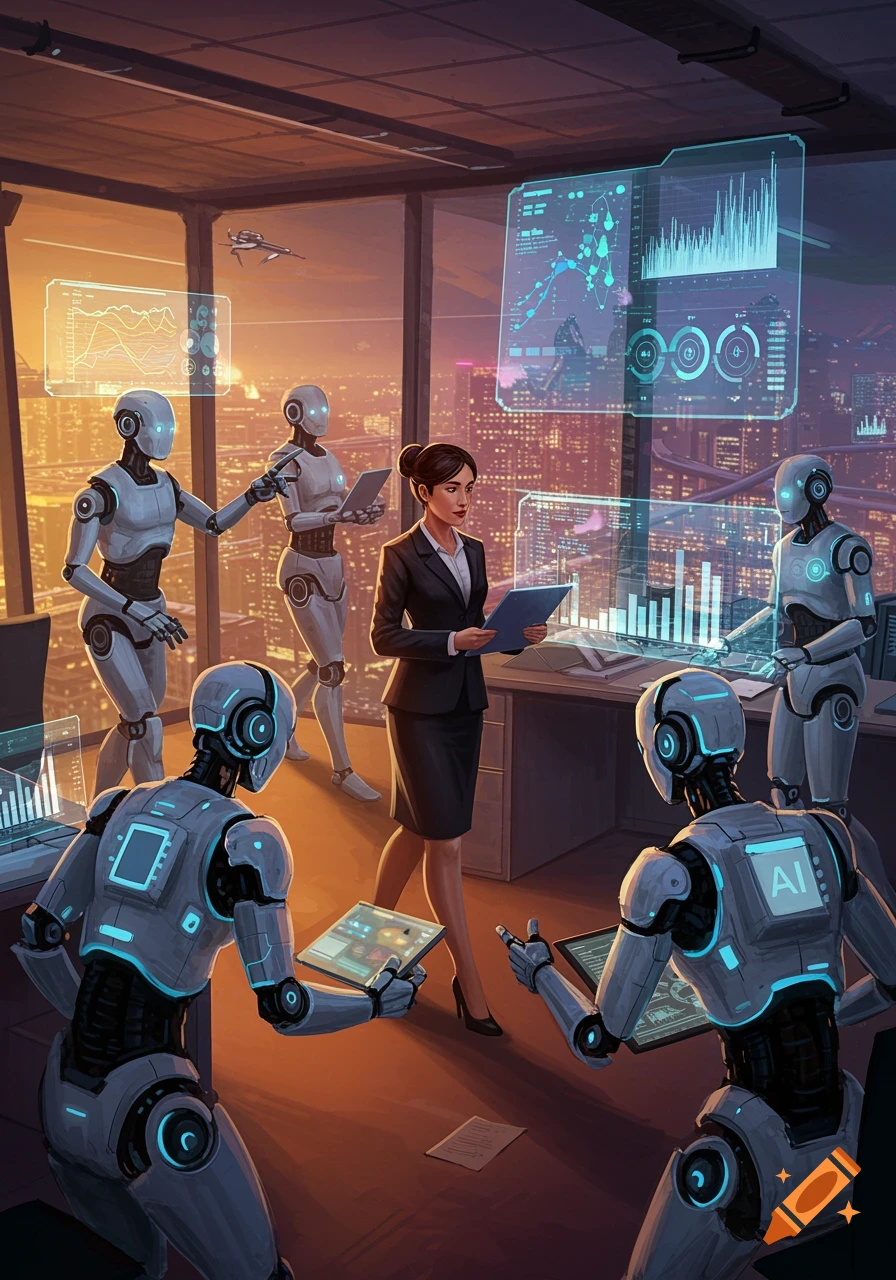 A businesswoman stands in a futuristic office surrounded by robots and holographic displays showing data, with a cityscape outside.