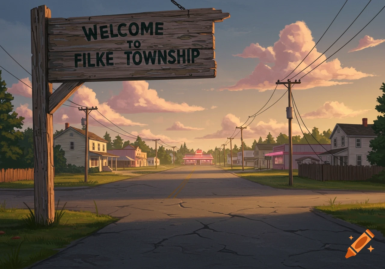 A cartoon illustration of a small town street at sunset, with a weathered wooden sign in the foreground reading 'WELCOME TO FILKE TOWNSHIP'.
