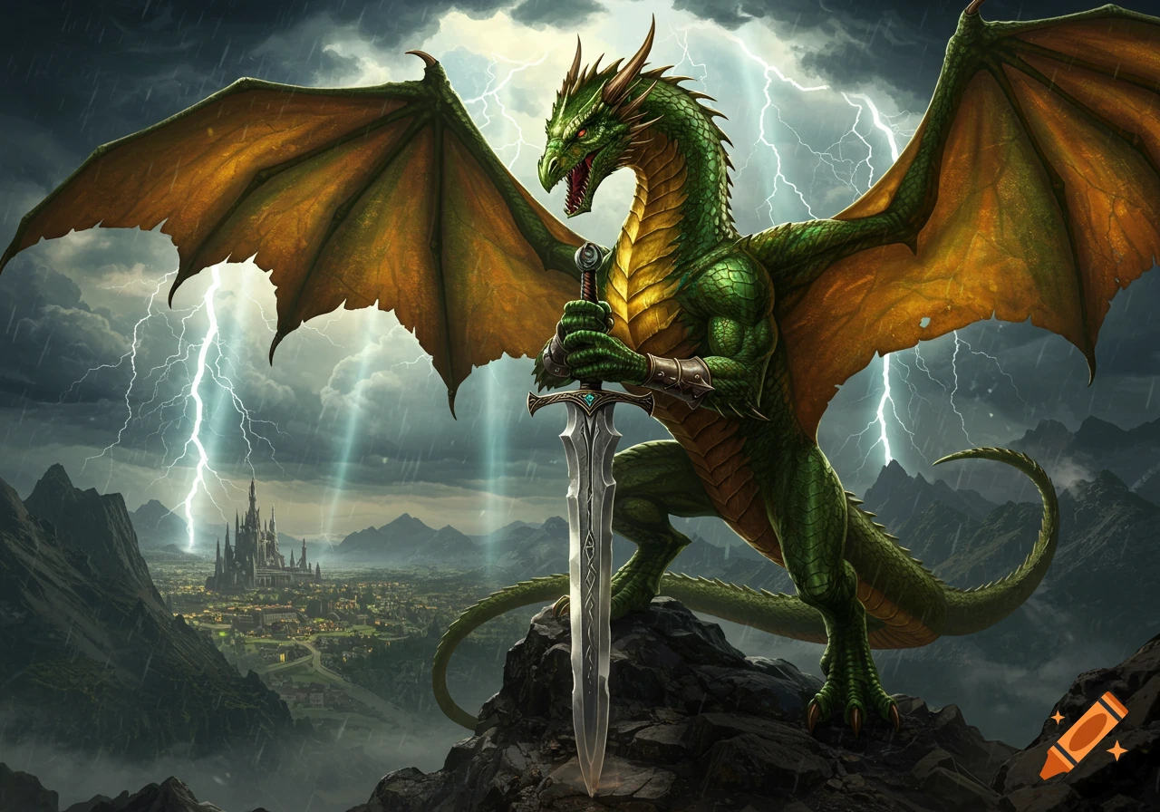 A powerful green dragon with orange wings stands on a peak, holding a sword, overlooking a fantasy castle city under a lightning storm.