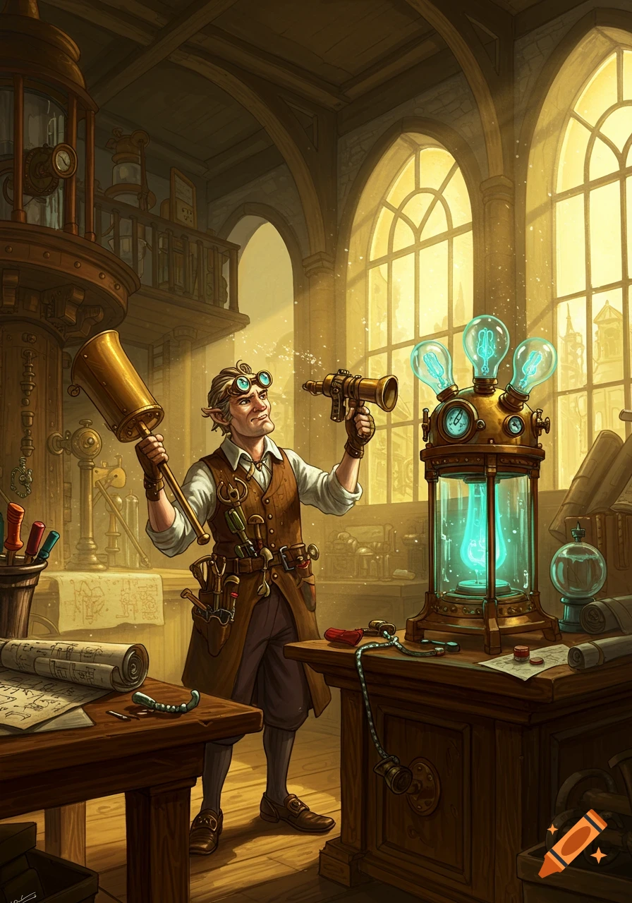A man in a steampunk lab holds a golden horn and a device, standing next to a glowing blue machine and blueprints.
