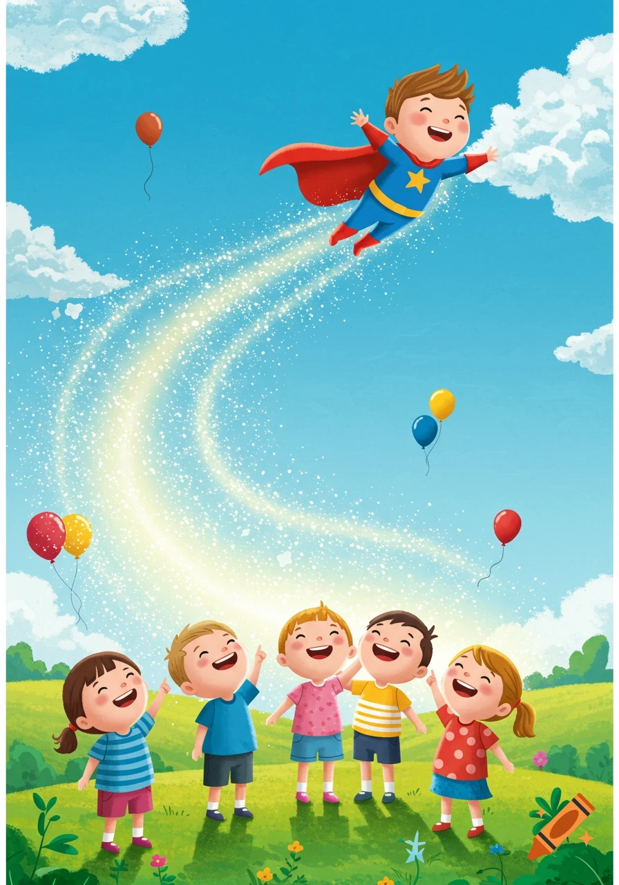 A happy cartoon boy superhero flies through a sunny blue sky with a sparkly trail as cheerful children look up from a green field.