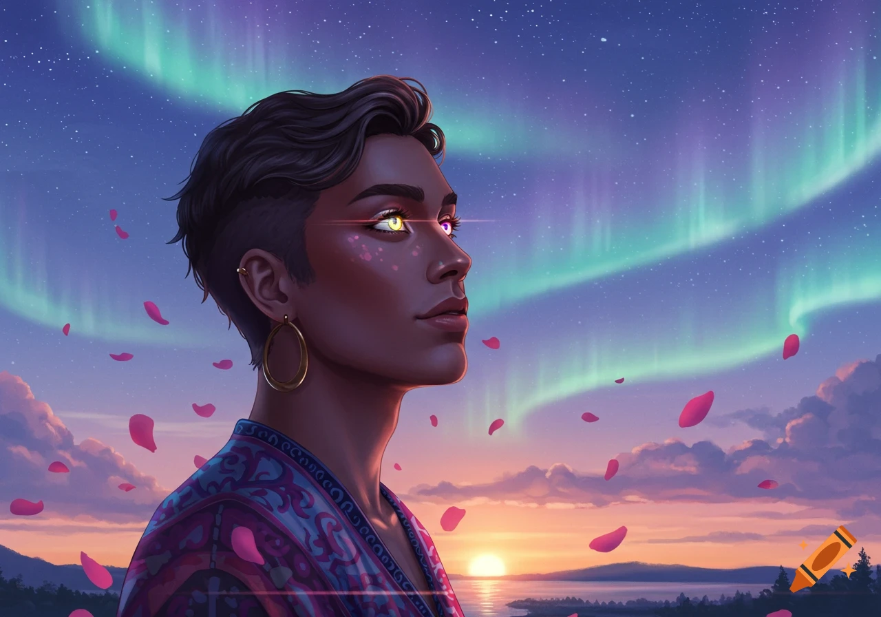A person with glowing eyes gazes up at a vibrant aurora borealis and sunset over a lake, with pink petals. Digital art.