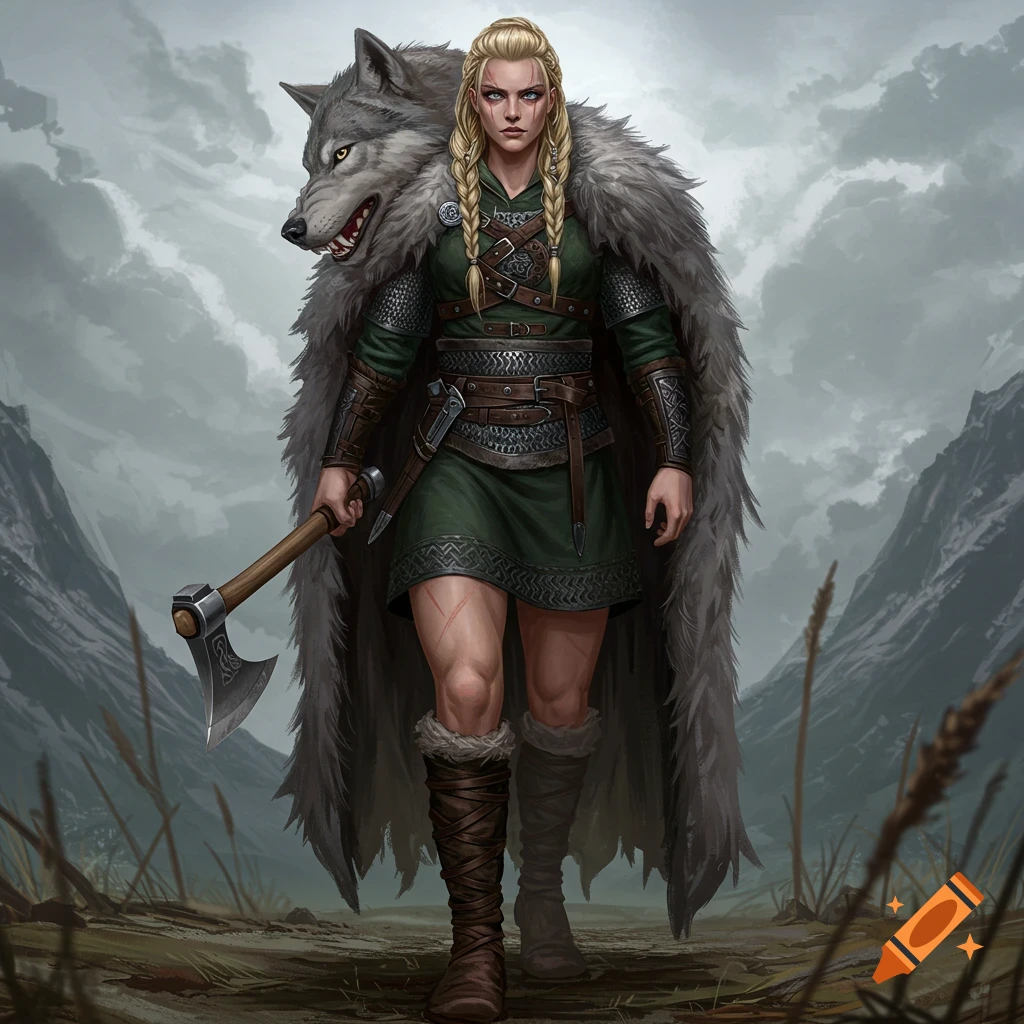 A powerful female warrior with blonde braids and a wolf-fur cloak stands holding an axe in a rugged, mountainous landscape.