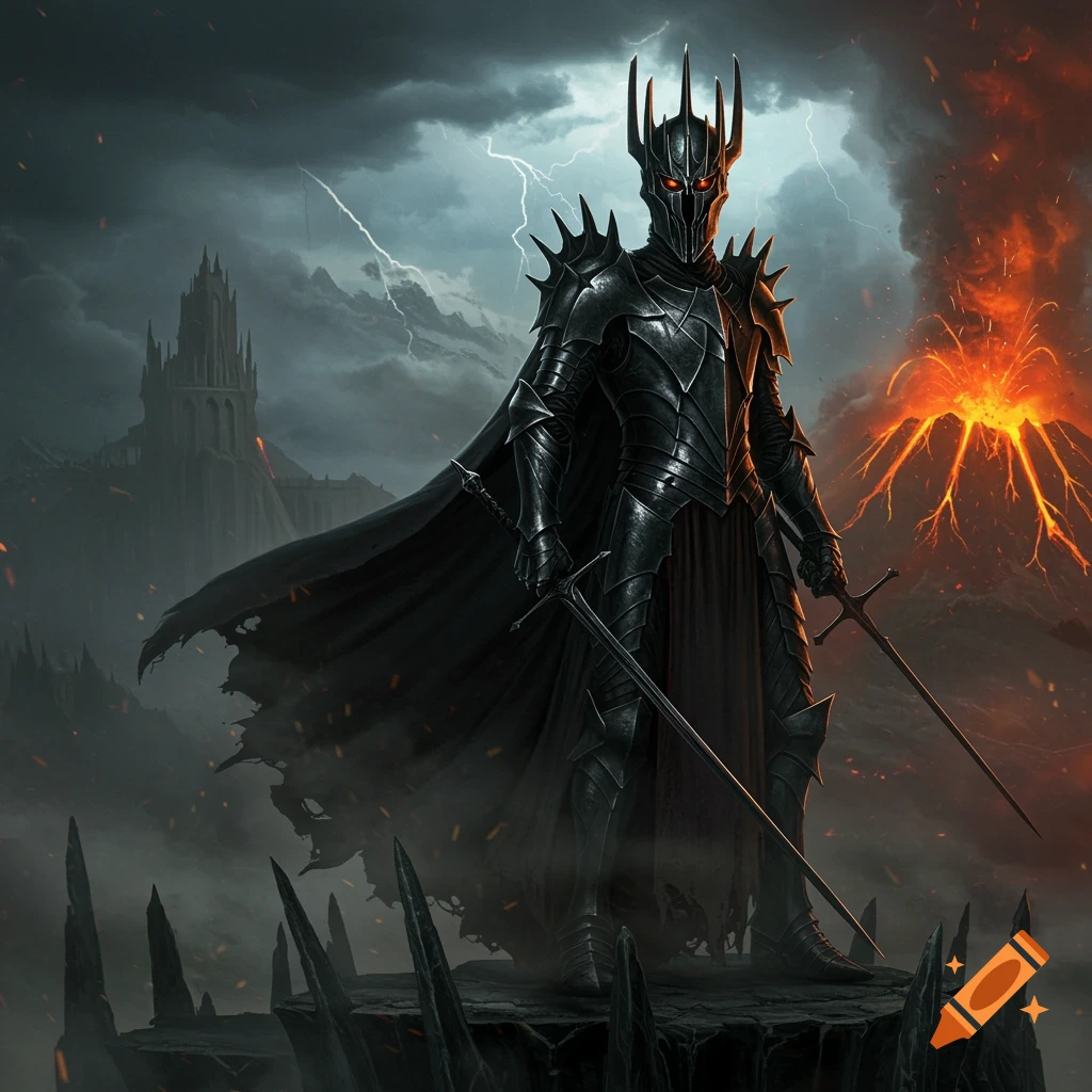 A dark armored warrior with a spiked crown and red eyes holds two swords before a volcanic landscape with a castle and lightning.