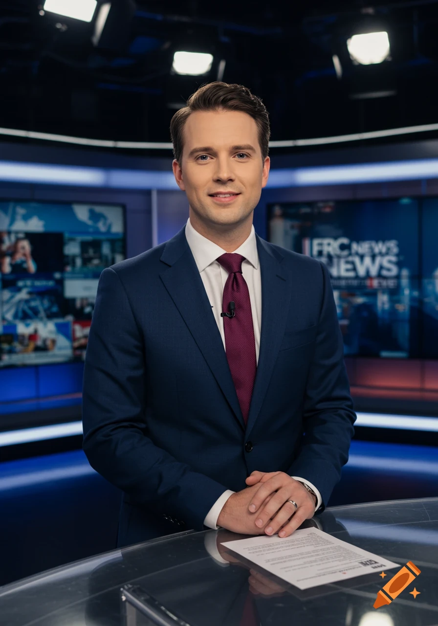 A smiling male news anchor in a suit and red tie at a desk in a news studio with 'FRC NEWS' displayed on screens.