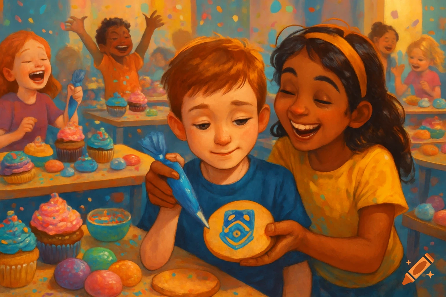 Children joyfully decorate cupcakes and cookies with icing and sprinkles in a colorful room, some laughing.