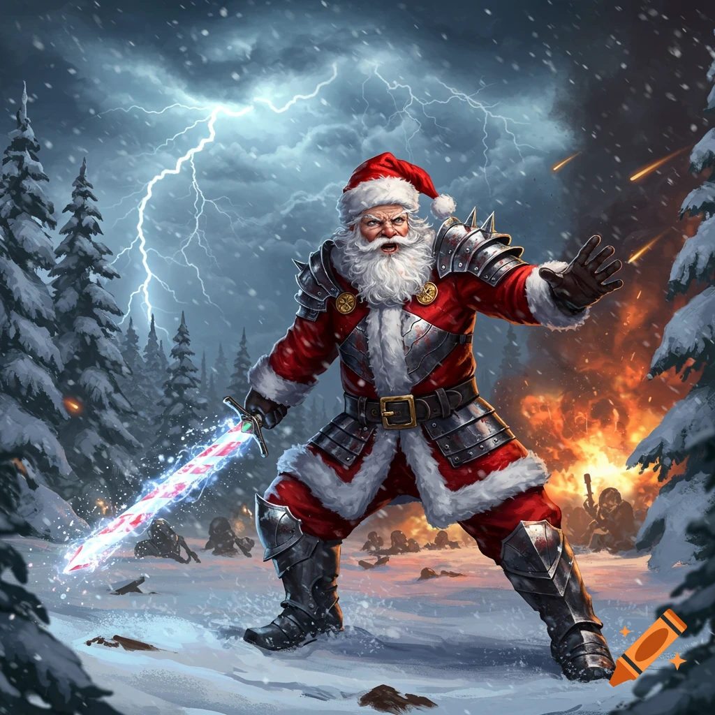 Armored Santa Claus battles in a snowy, stormy forest with a glowing sword, amidst fire and lightning, digital art.