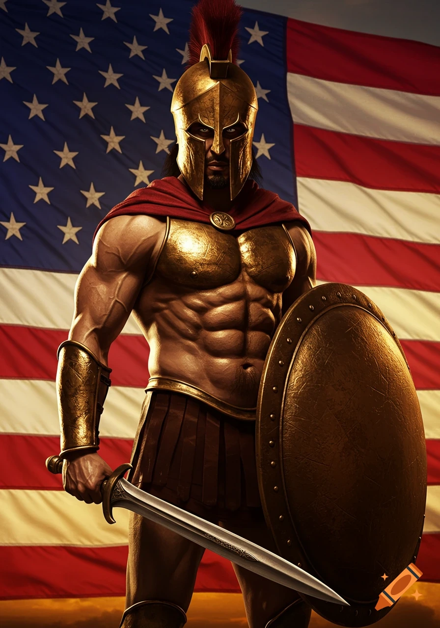 A muscular Spartan warrior in gold armor and red cape stands before an American flag, holding a sword and shield.