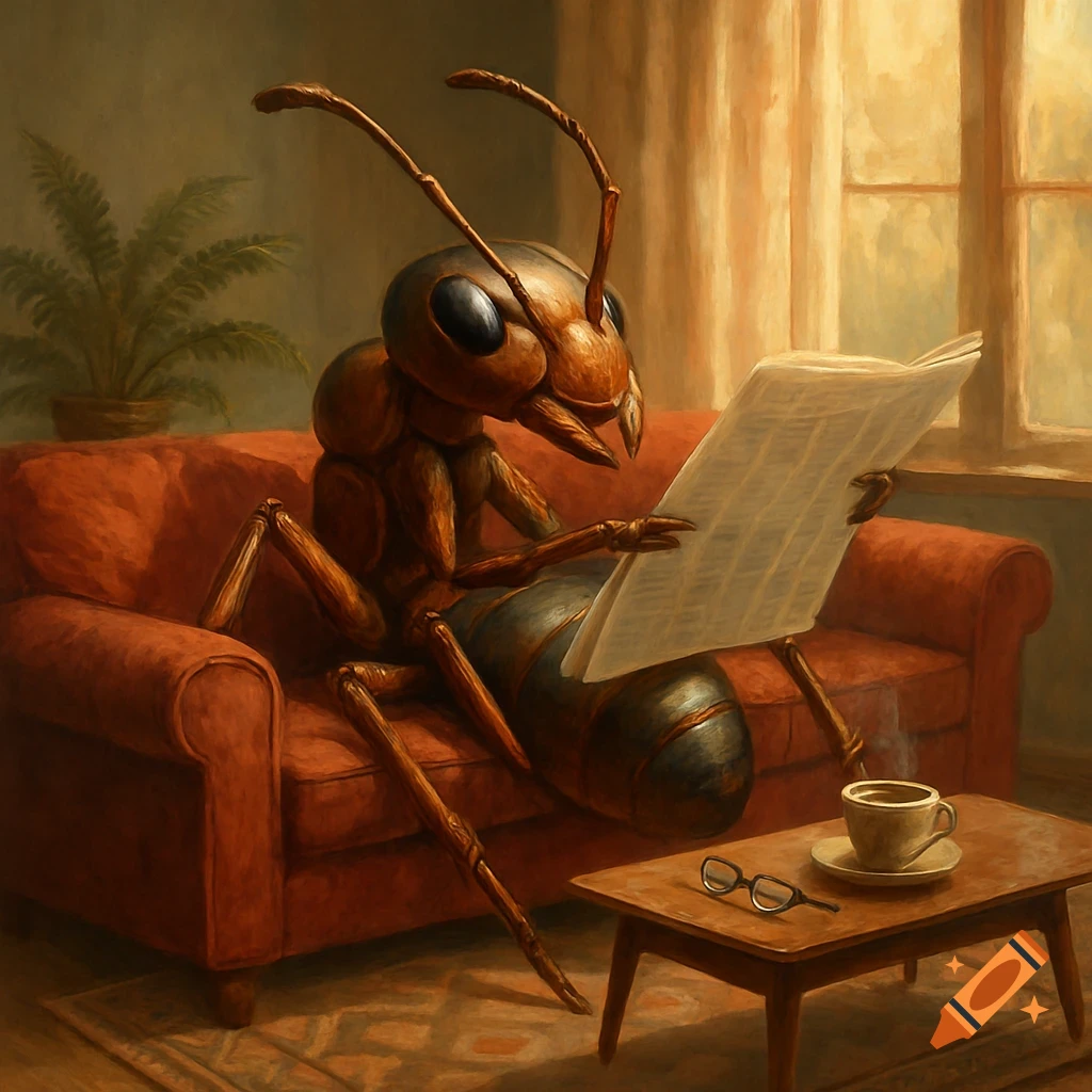 A large ant sits on a red couch, engrossed in reading a newspaper, in a warmly lit room with a coffee cup on a table. Painting style.