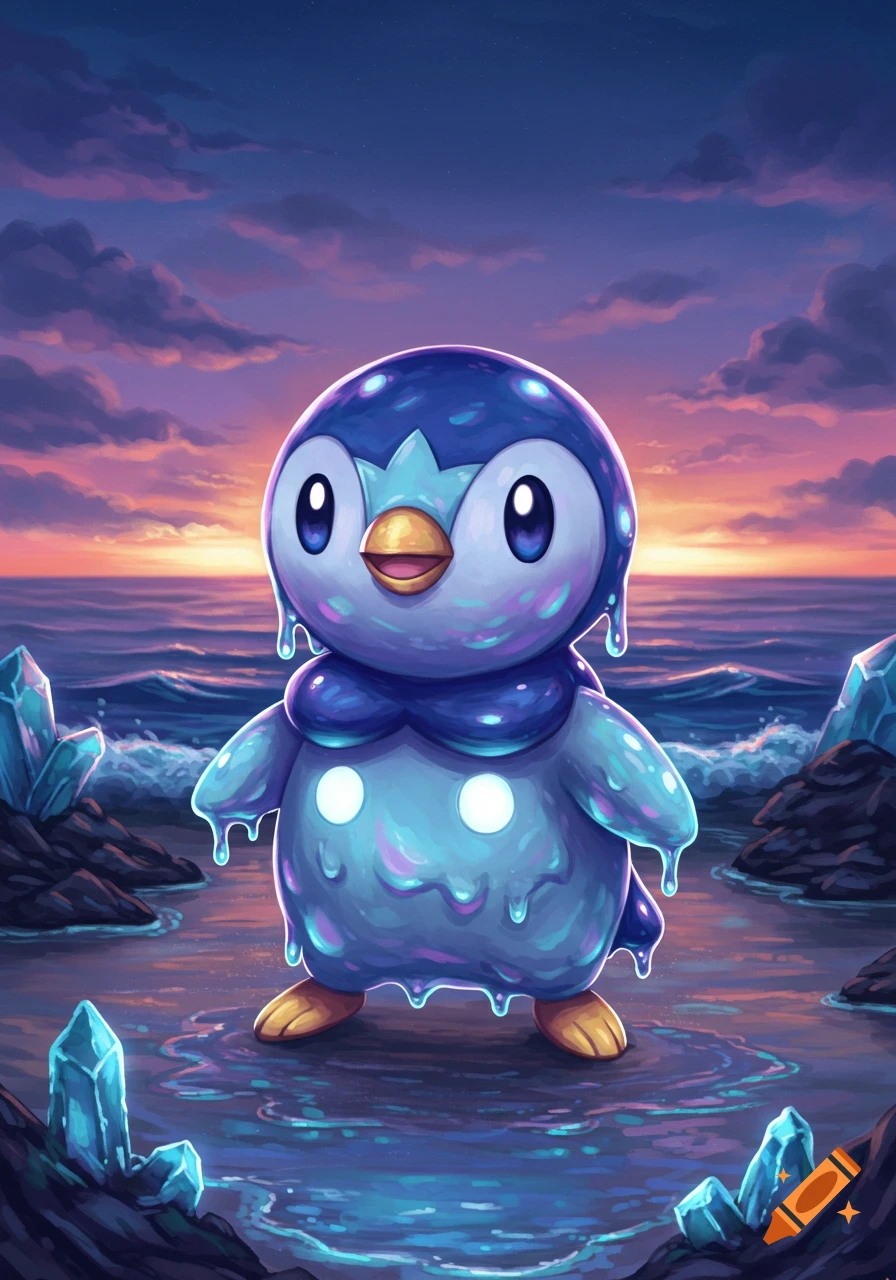 A cute, blue, goo-covered Piplup-like creature stands in shallow water with glowing crystals at sunset over the ocean, in a stylized illustration.