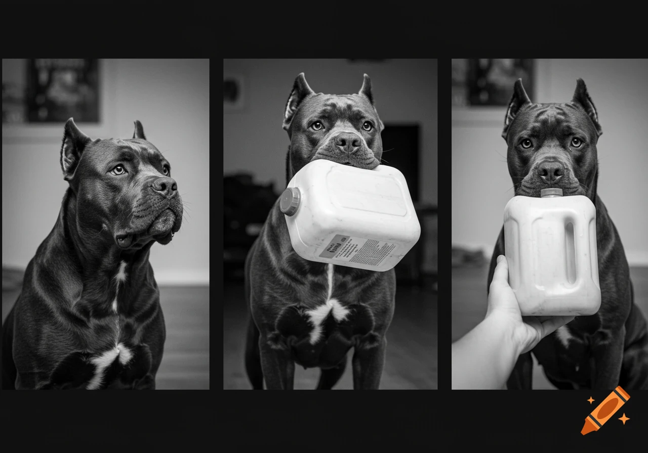 Black and white three-panel image featuring a Cane Corso dog. The first panel shows the dog looking away, the second shows it holding a white container, and the third shows a hand holding the container in front of the dog.