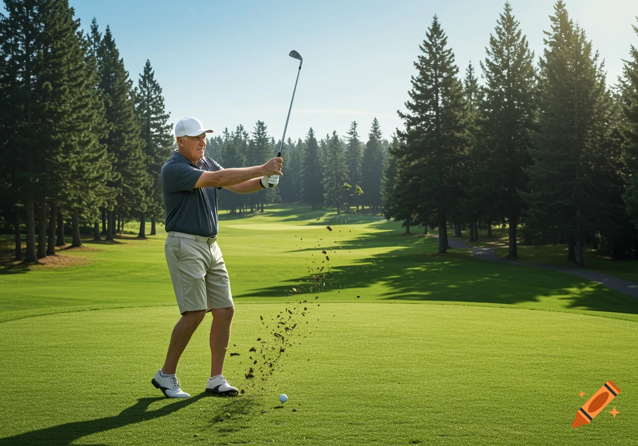 Photorealistic image of a man hitting a golf ball, causing dirt to fly up on a sunny golf course.