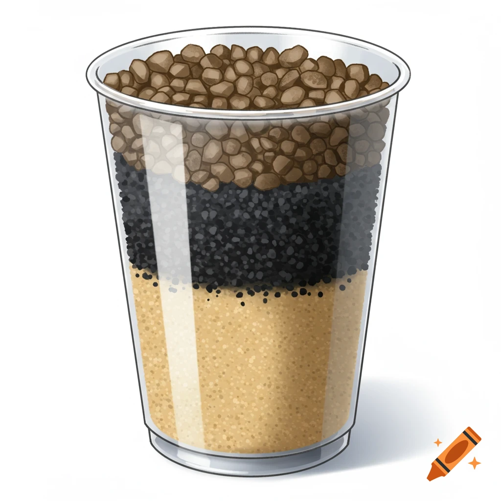 A simple illustration of a clear plastic cup containing layers of brown gravel, black charcoal, and tan sand for a DIY filter.