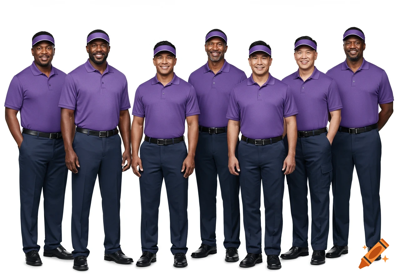 Group photo of seven men in purple polo shirts, navy pants, and visors, standing and smiling against a white background.