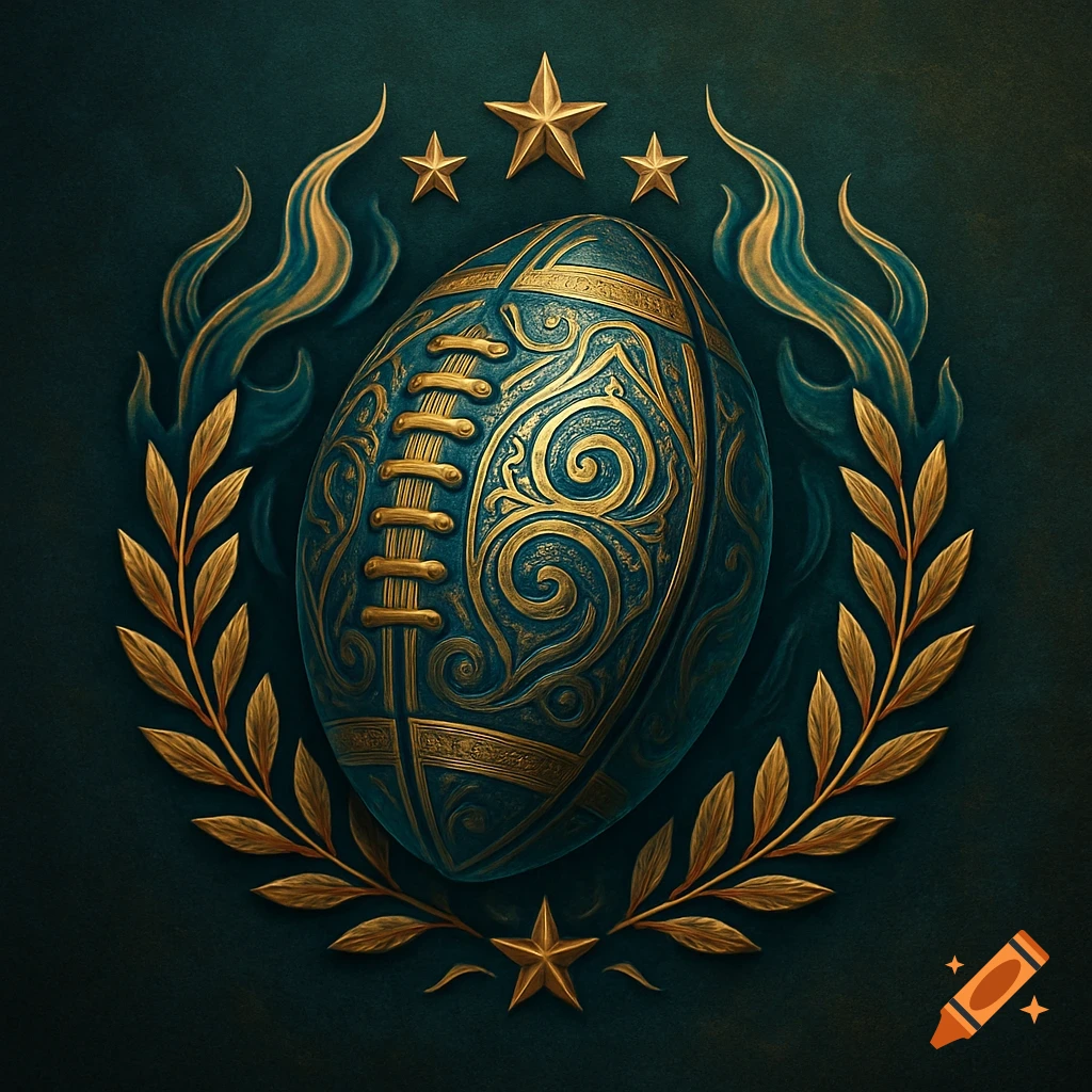 An ornate American football in teal and gold filigree, surrounded by a golden laurel wreath and stars on a dark background.