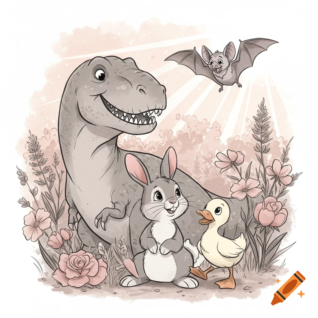 A friendly, grey cartoon T-Rex smiles with a bunny, duckling, and flying bat in a pastel nature scene with flowers and sun rays, in a Disney-inspired animated style.
