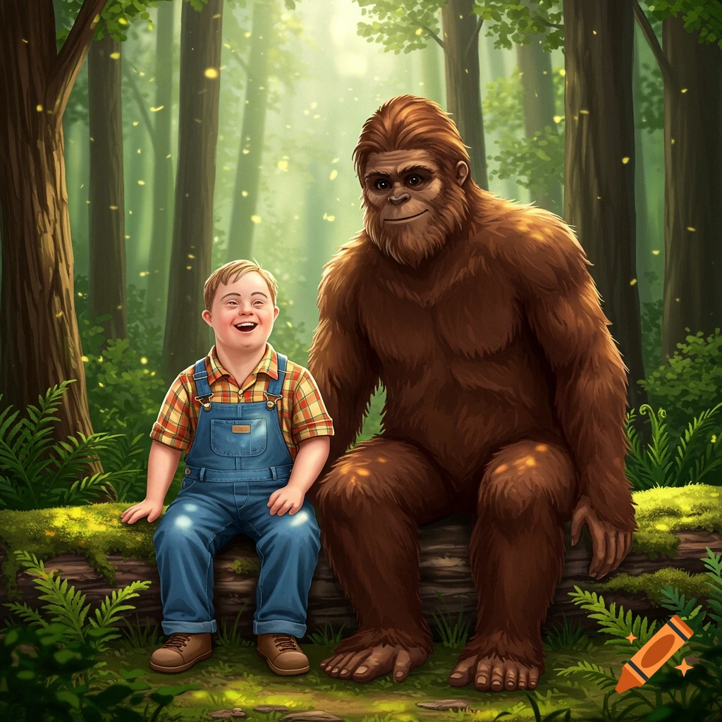 An illustration of a happy boy with Down syndrome and Bigfoot sitting on a log in a sunlit forest.