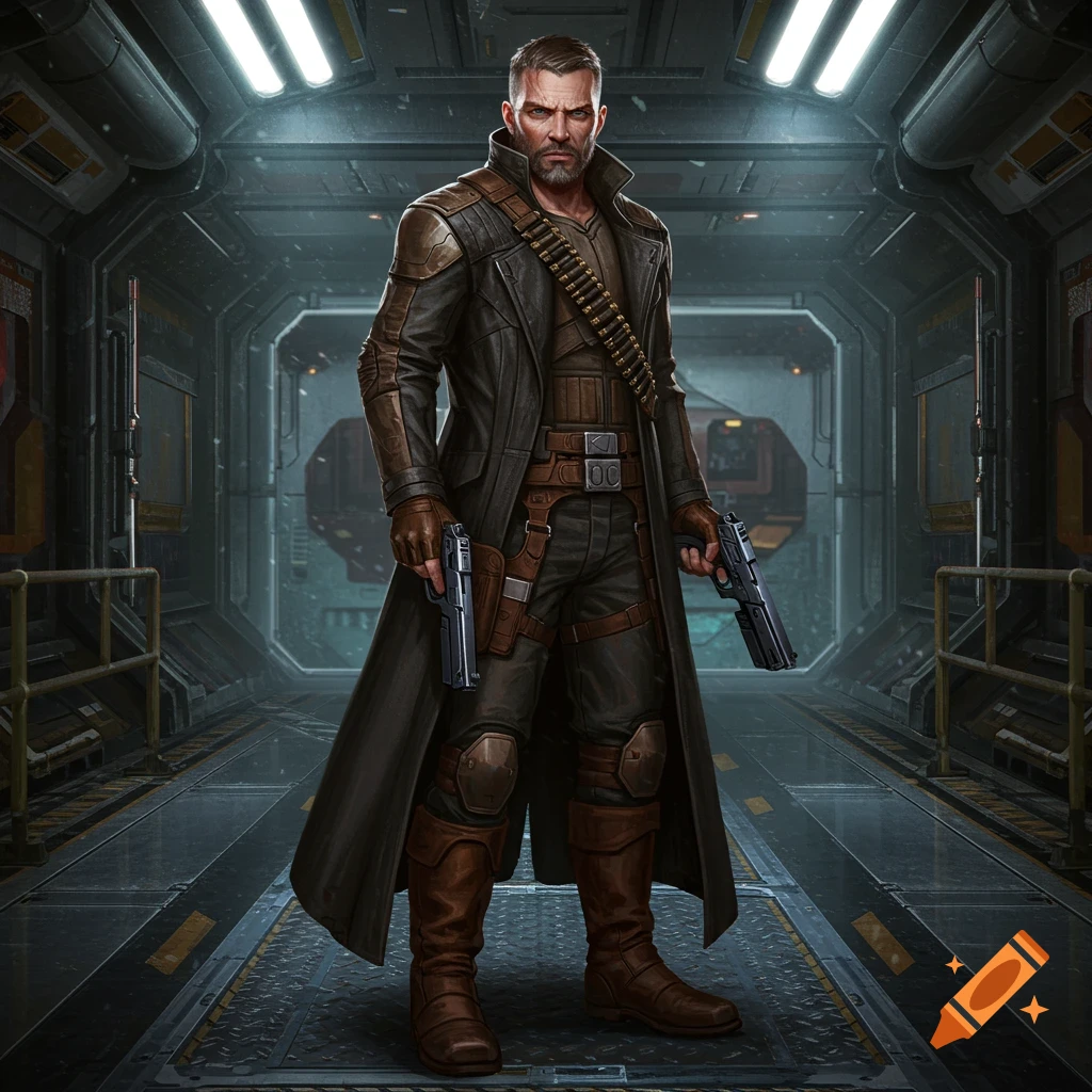 A stern-faced male space mercenary in a long leather coat, holding two pistols, stands in a futuristic corridor.