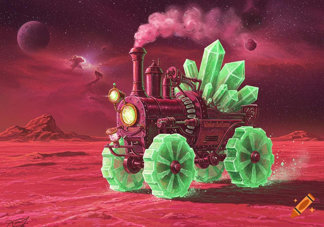 A steampunk-style train adorned with large glowing green crystals travels across a red alien landscape under a star-filled sky with multiple planets.