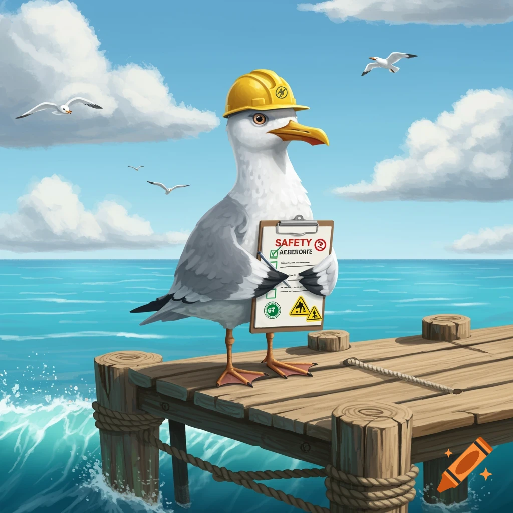 A cartoon seagull wearing a yellow hard hat stands on a wooden pier, holding a clipboard with a safety checklist.