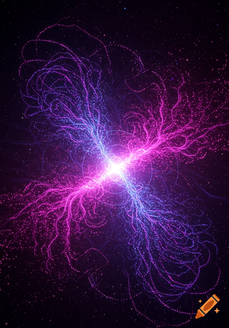 A vibrant abstract image of bright pink and blue energy streams and particles emanating from a central white light against a dark background.