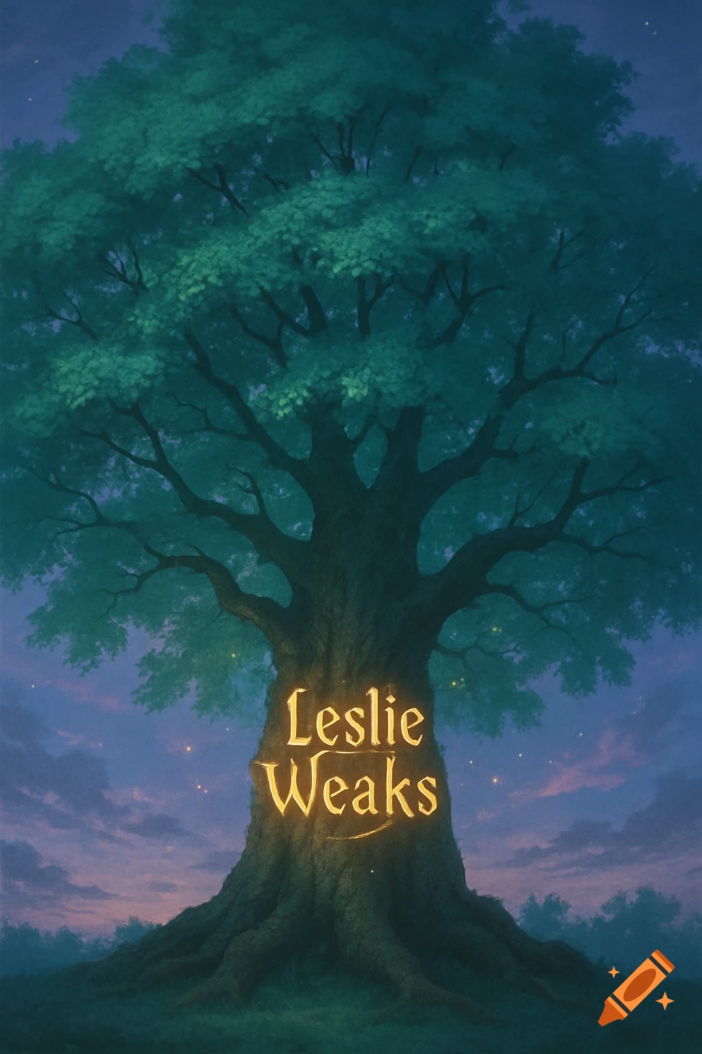A large, old tree with glowing text 'Leslie Weaks' on its trunk, set against a dark blue sky with faint clouds and stars.
