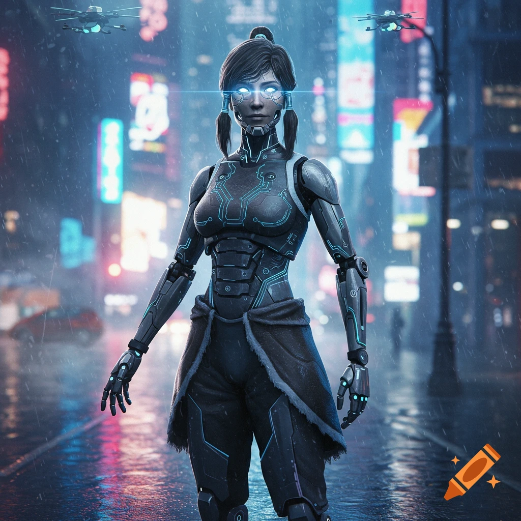 A photorealistic humanoid robot with glowing blue eyes stands in a rainy cyberpunk city street at night.