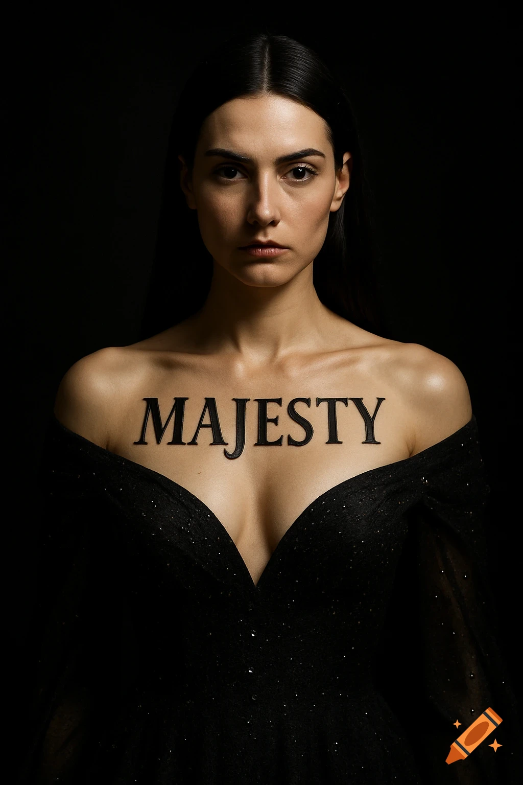 A dramatic portrait of a woman in a black gown, with the word 'MAJESTY' painted across her chest.