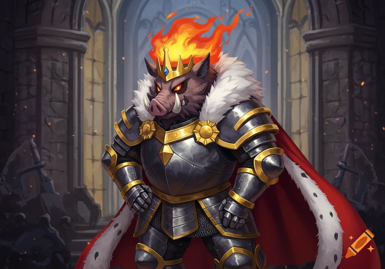 An anthropomorphic boar king in ornate dark steel armor with gold trim, a red cape, and a fiery mane, standing in a stone castle.