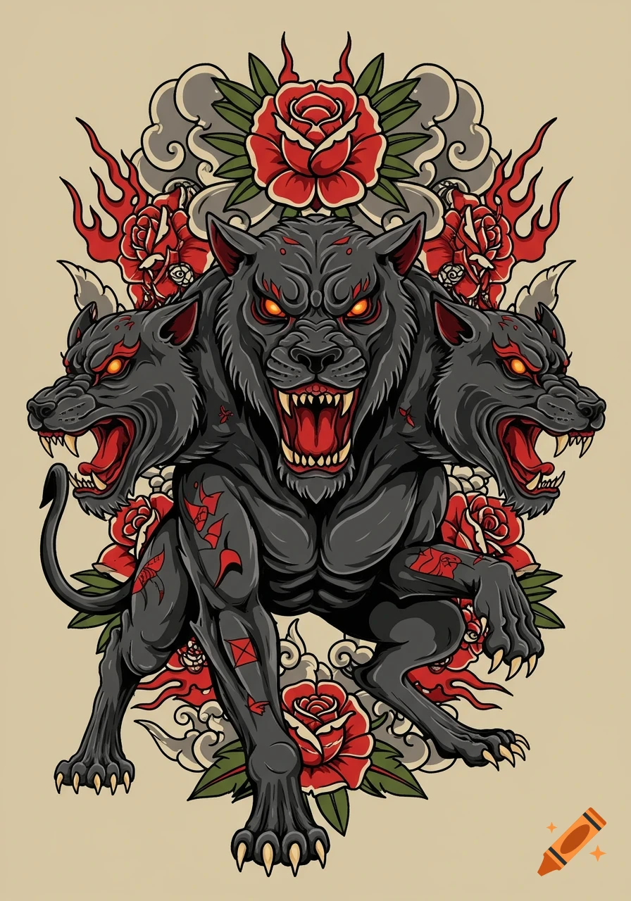 Old school tattoo illustration of a three-headed black Cerberus-like creature snarling, surrounded by red roses and flames.
