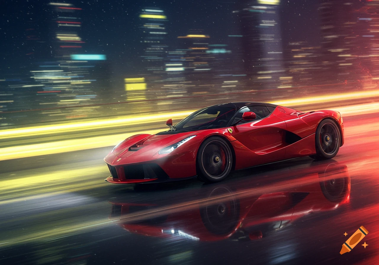 A red Ferrari LaFerrari sports car speeds down a city street at night, illuminated by motion-blurred streaking lights.