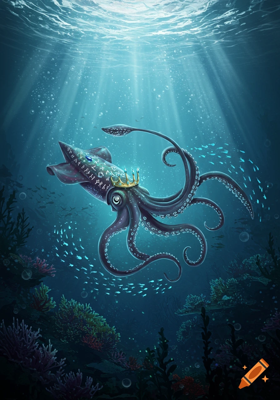 An illustrated blue and purple squid wearing a gold crown swims through bright blue ocean water with small fish and coral and light rays streaming from above.