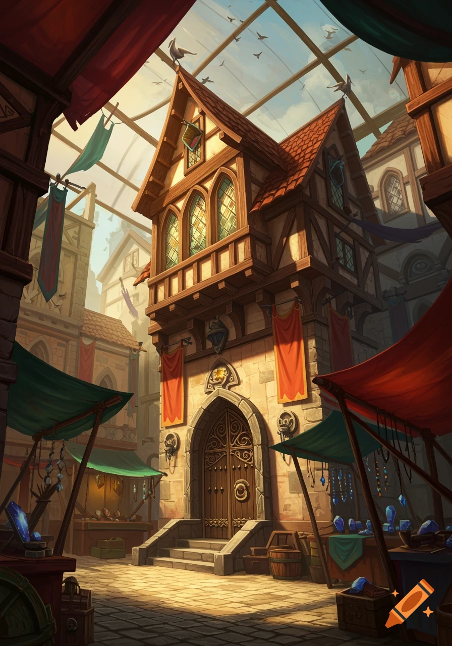 A detailed fantasy marketplace featuring a tall timber-framed building, market stalls, and a glass-paneled roof.