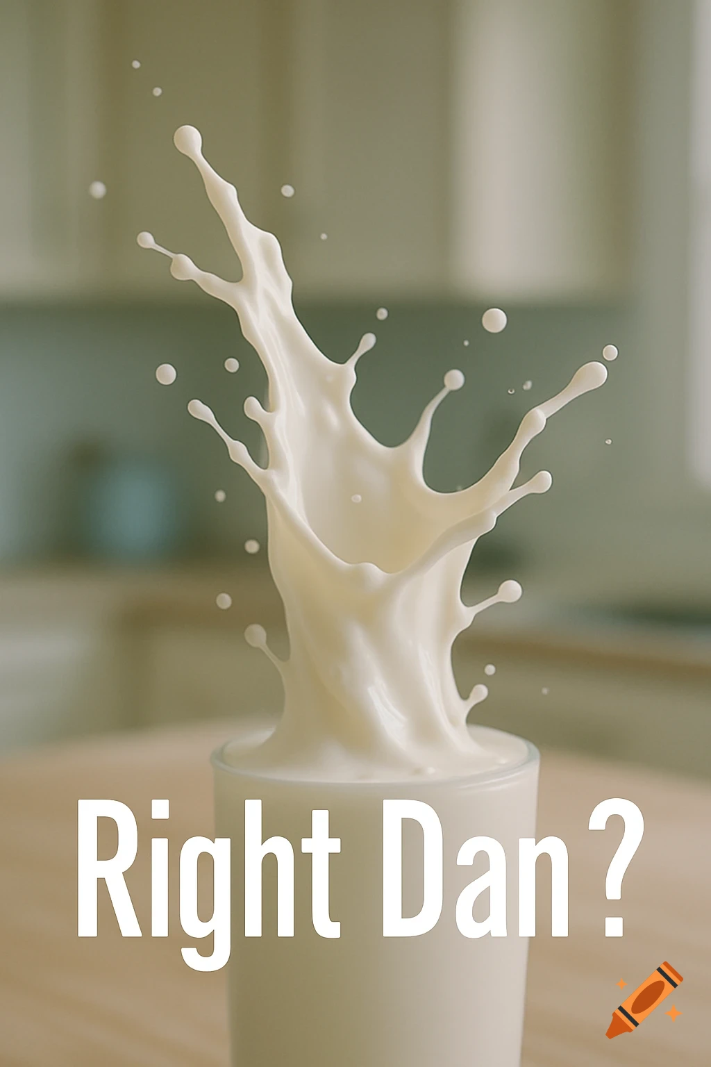 Photorealistic image of a dramatic milk splash emerging from a glass, with the text "Right Dan?" at the bottom.