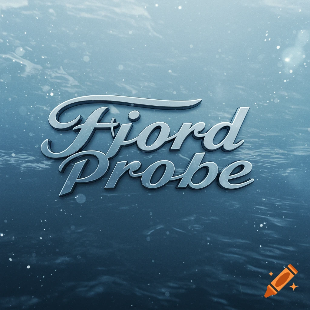 Metallic 'Fjord Probe' logo on a wavy blue water background with light reflections.