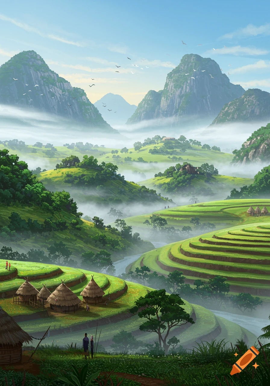 A vibrant, misty landscape features towering green mountains, lush terraced rice fields, a river, and traditional huts under a blue sky.